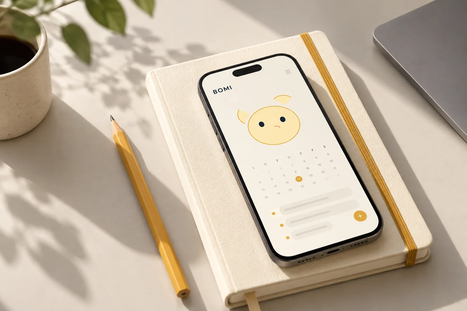 Bomi character and calendar experience on a phone with a cream notebook — art-directed visualization
