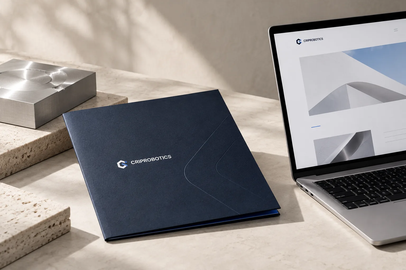 CRIPROBOTICS website concept, navy folder and machined metal — art-directed visualization
