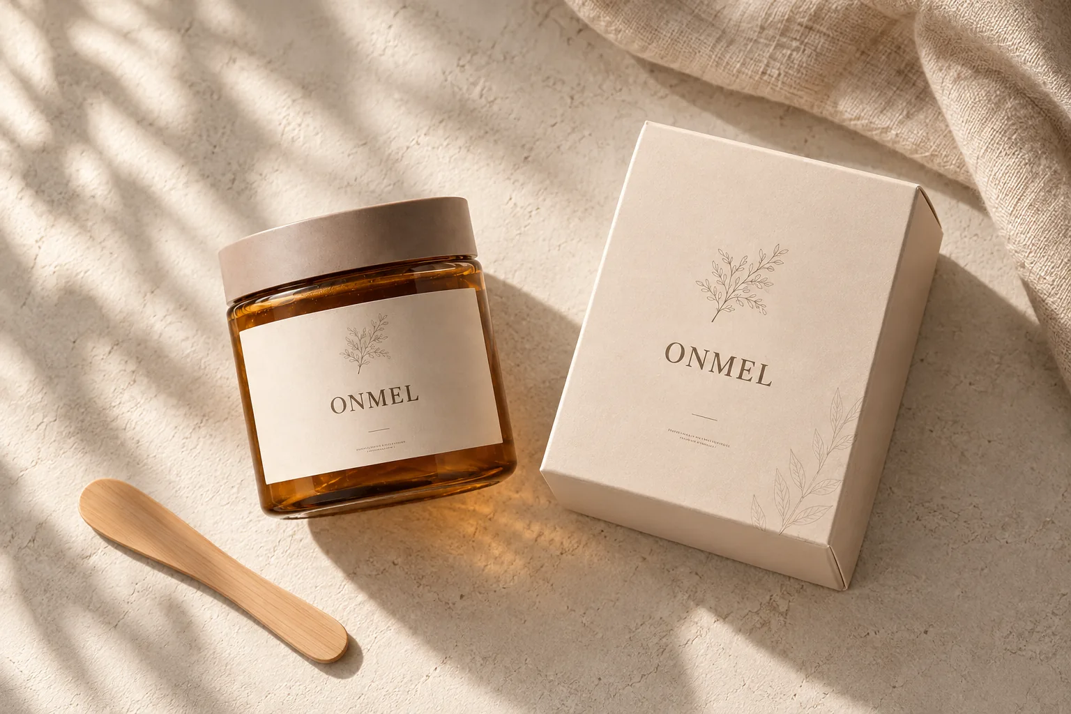 ONMEL packaging concept with natural light, linen and a wooden spatula — art-directed visualization