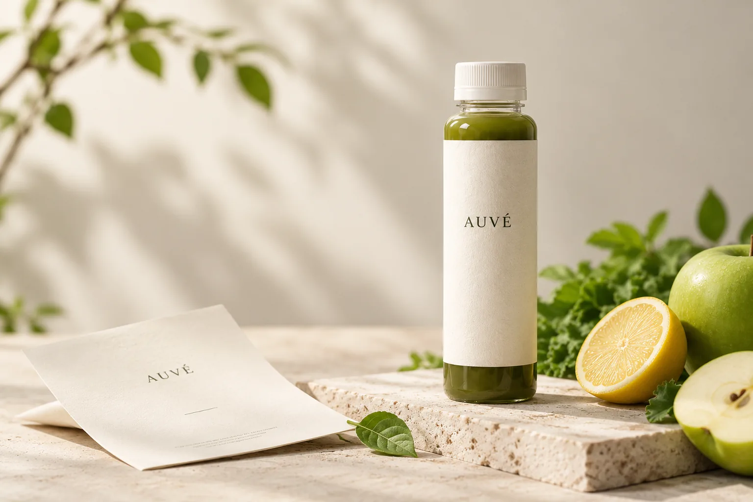 AUVÉ packaging concept and brand stationery on natural stone — art-directed visualization