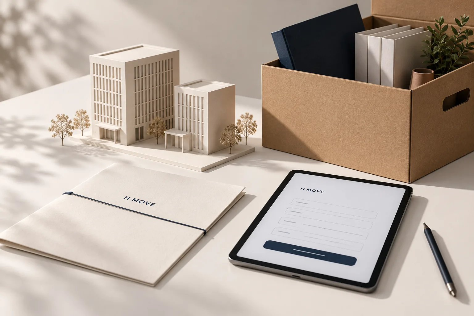 H Move architectural models, relocation materials and quotation interface — art-directed visualization