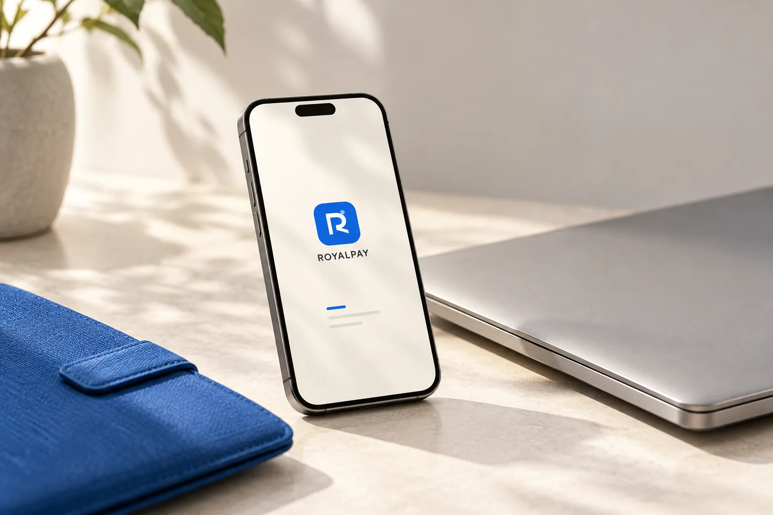 RoyalPay Pocket mobile experience beside a laptop and blue folio — art-directed visualization