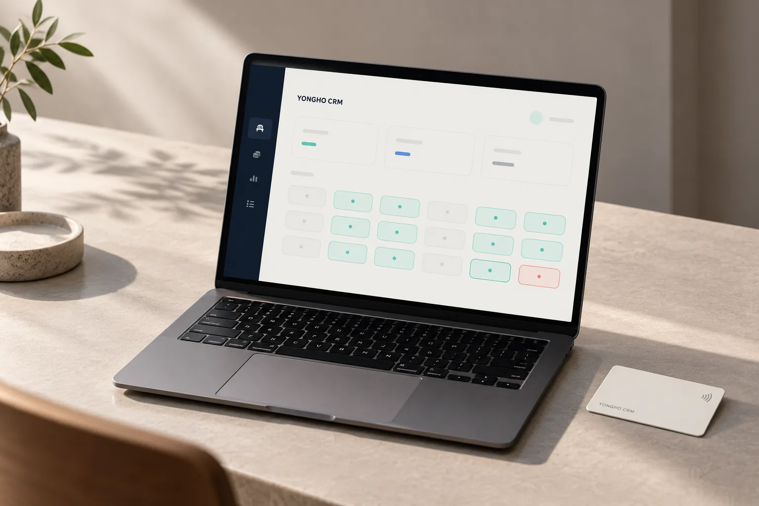 Yongho CRM seat-management interface on a laptop with an access card — art-directed visualization